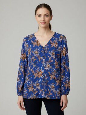 J. Jill Wearever Collection Blue & Gold Floral Knit Tunic Size Medium 3/4 Sleeve